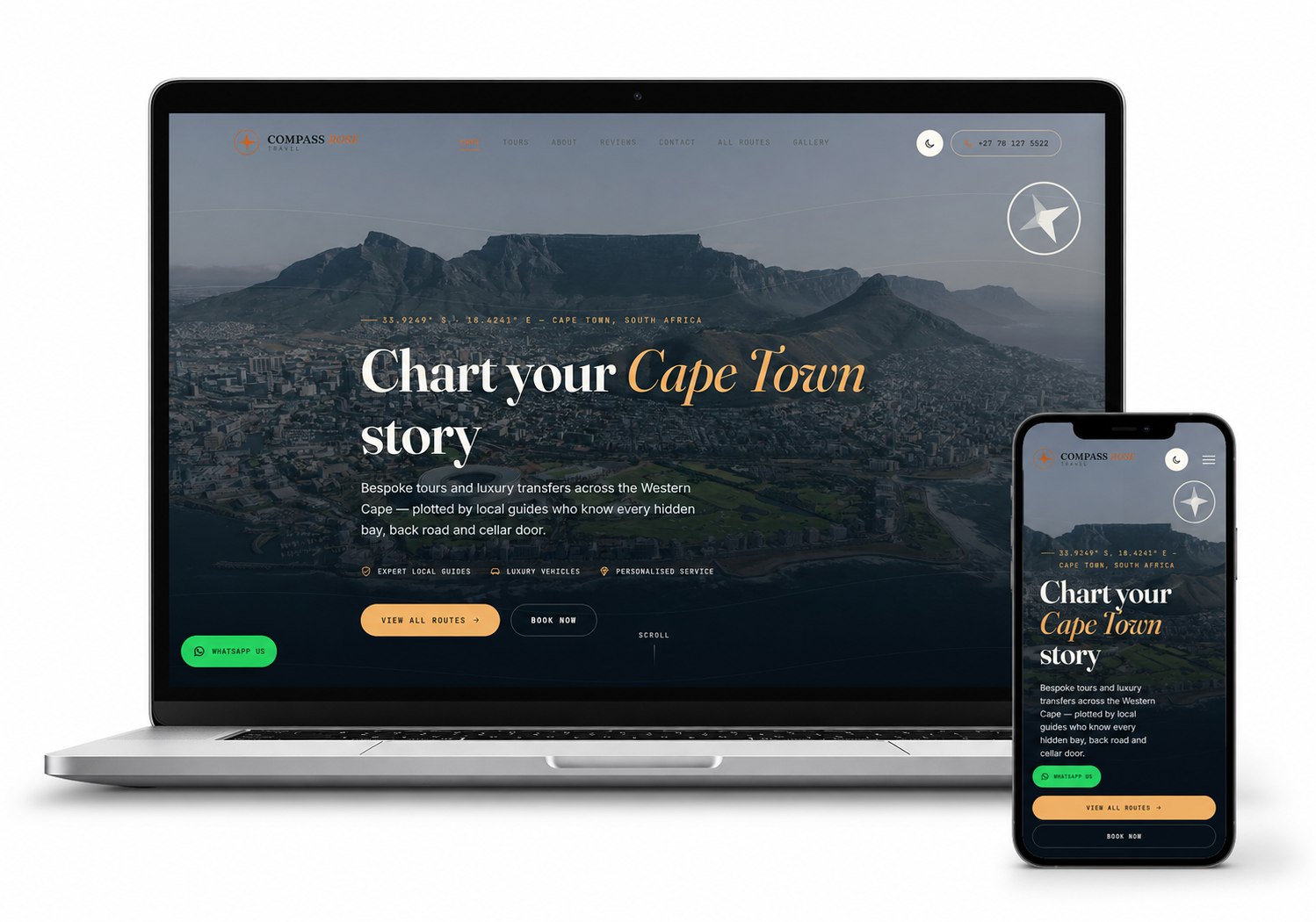Compass Rose Travel responsive website displayed on a MacBook and iPhone