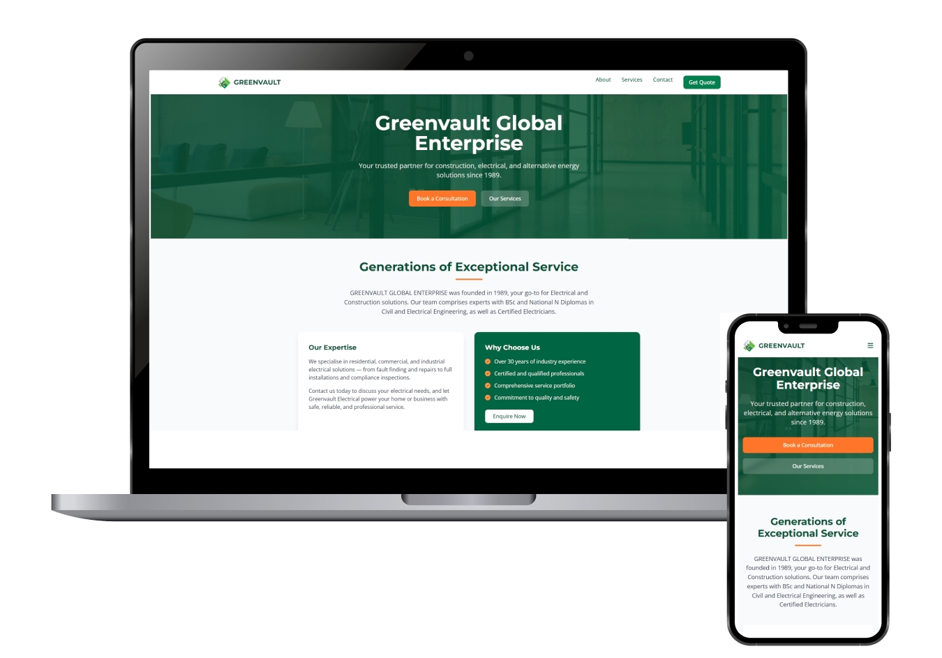 GreenVault Electrical website across devices
